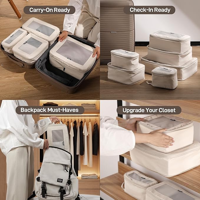 EPICKA TripCozy Compression Packing Cubes - 4 Set Durable Travel Organizer Bags with Mesh Top, Expandable Travel Accessories for Carry on, Luggage, Suitcase, Backpack (Beige)