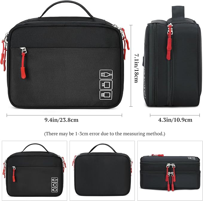 MIRLEWAIY Travel Charger Cable Organizer Portable Electronics Accessories Carrying Bag Waterproof Cord Storage Case Double Layer for Hard Drives, Phone, USB, SD Card, Black