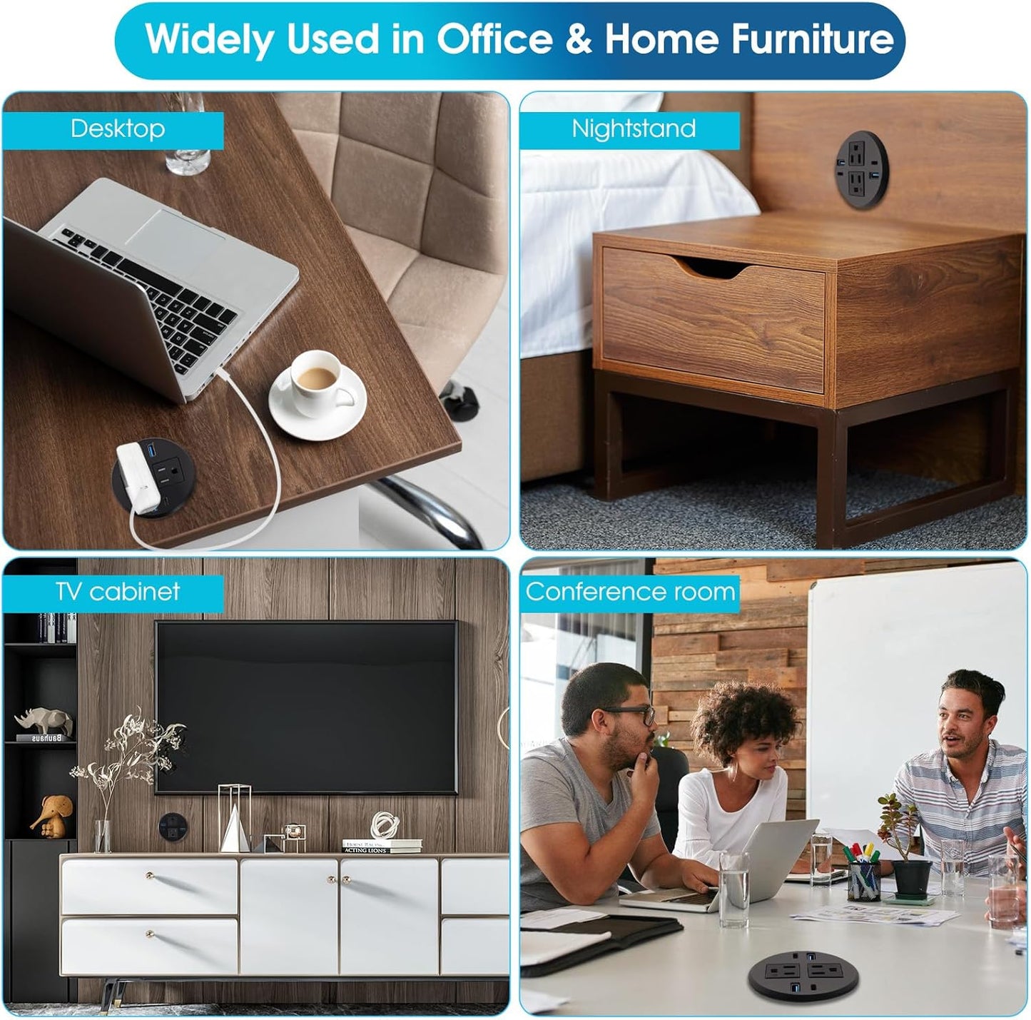 6 in 1 Desk Power Grommet Dia 3.15‘’(80mm), 40W Recessed Power Strip with Dual 20W USB-C Fast Charging, Flush Mount USB Outlet for Desk, Tables&Furniture, fits 3-1/5'' ~ 3-3/8'' Hole (1 Pack)