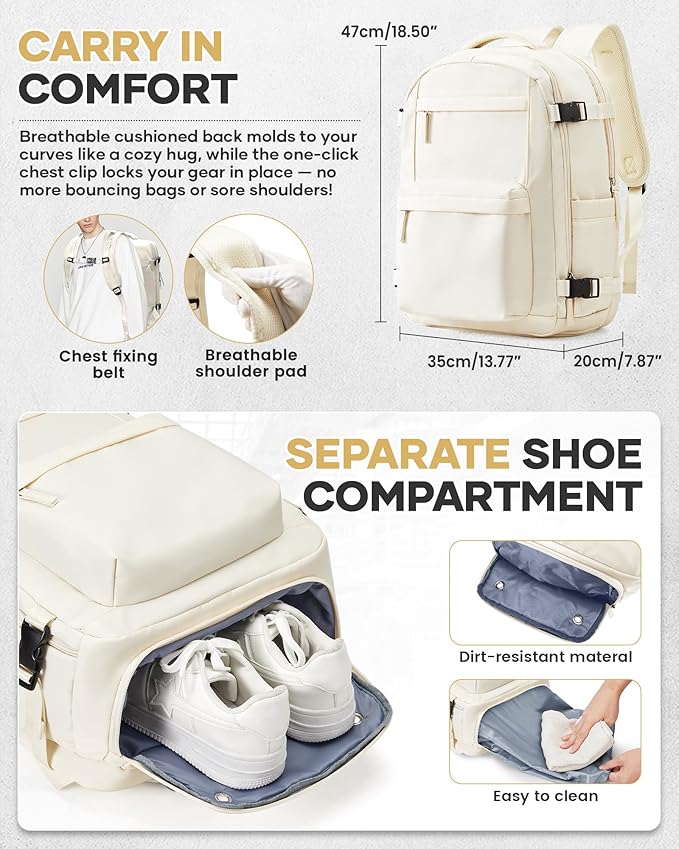 Vacuum Travel Backpack with Pump for Women,Personal Item Carry on Backpacks Flight Approved 18x14x8 inches for Men,Laptop Waterproof Work Compression bags Casual Daypack. Beige