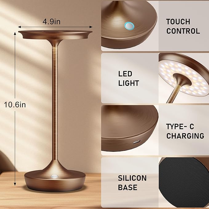 LED Cordless Table Lamps Rechargeable - Outdoor Battery Operated Portable Table Light 3 Color Stepless Dimming Tables Lamp with Memory Function for Patio Restaurant Dining 2 Pack Moka