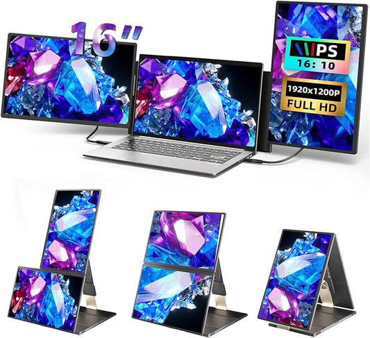 Laptop Screen Extender 16-inch - Triple Laptop Monitor Extender Detachable FHD 1920x1200P IPS 235° Rotation Extra Portable Monitor Compatible with 13”-17” Mac Wins Dex Chrome