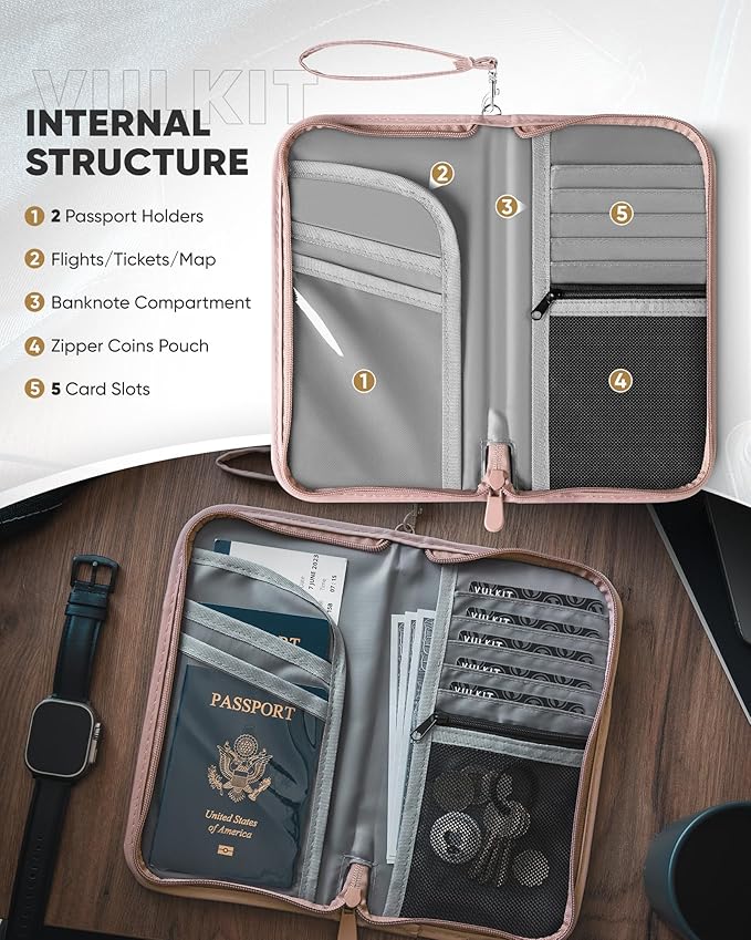 VULKIT Passport Wallet Passport Family Holder RFID Blocking Travel Card Organizer with Wrist Strap for Men or Women(Pink)