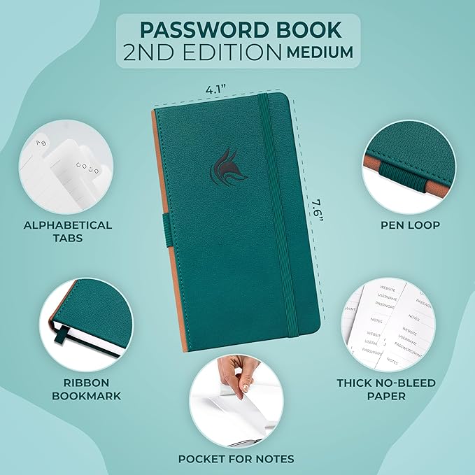 Clever Fox Password Book 2nd Edition – Hardcover Password Keeper with Alphabetical Tabs – Internet Address Notebook & Login Details Organizer Journal – 4.1x7.6” (Dark Teal)
