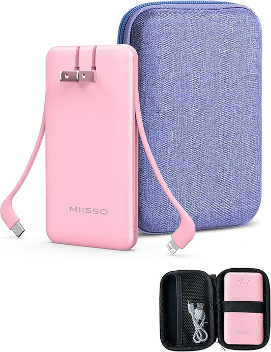 Ultra Slim 10000mAh Power Bank Built-in Cables and AC Wall Plug, Pocket Size USB C Portable Charger, External Battery Pack Compatible with iPhone Samsung, Package in Purple Hard Travel Case, Pink