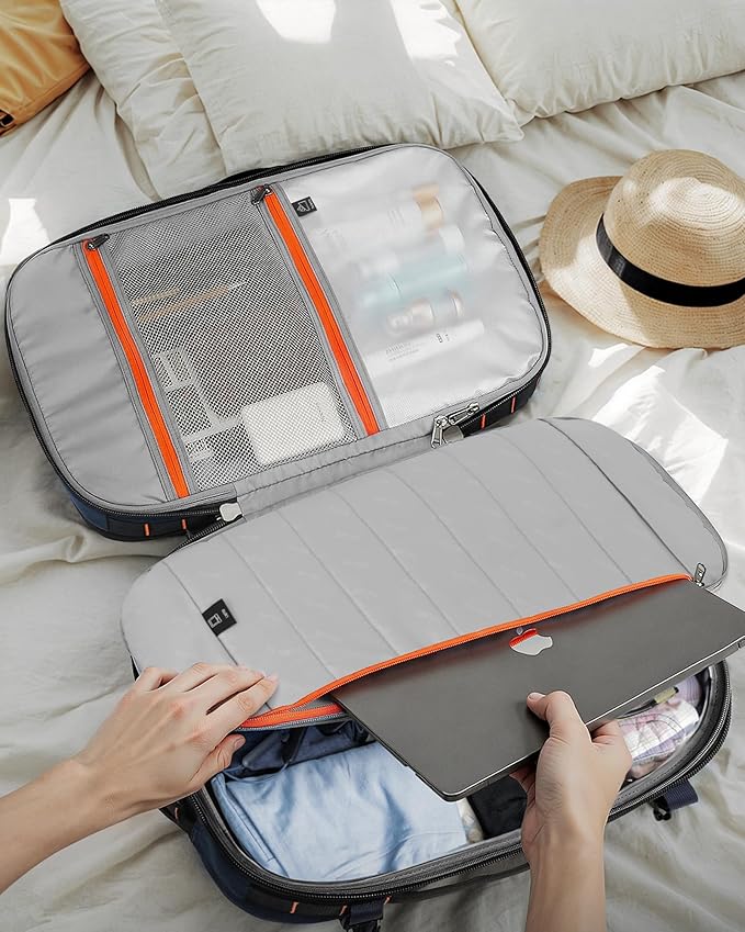 Tolaccea Travel Backpack, TSA Friendly Flight Approved Carry-on Luggage Water-resistant Business Rucksack, Durable Large Computer Bag Daypack Fits 15.6 Inch Laptop, 35-45L Expandable - Navy