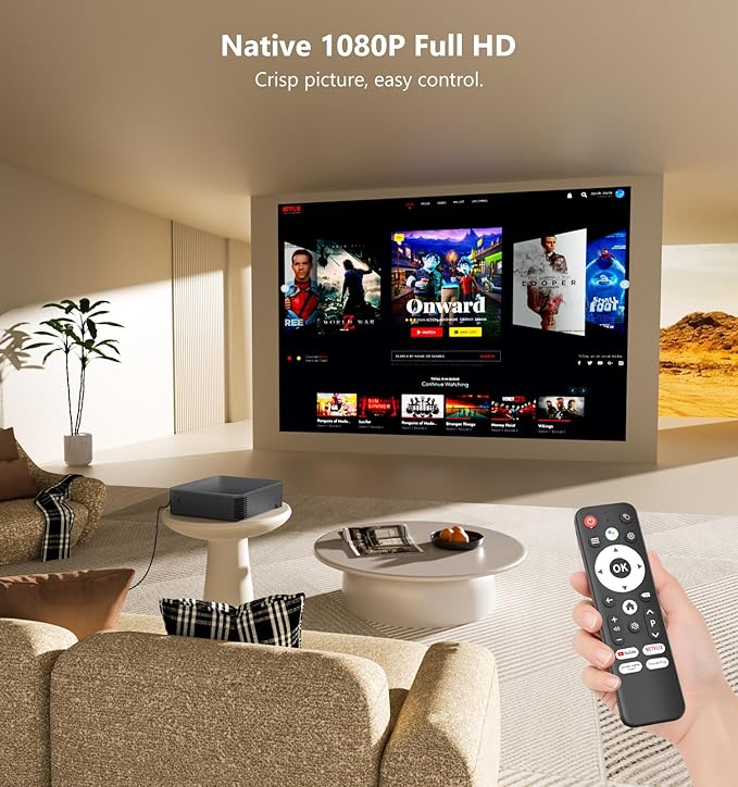 Projector with WiFi and Bluetooth, Native 1080P Portable Outdoor Movie Short Throw Projector with Android 14, Built-in Speaker, Compatible with Smartphone, Fire TV Stick, HDMI/USB