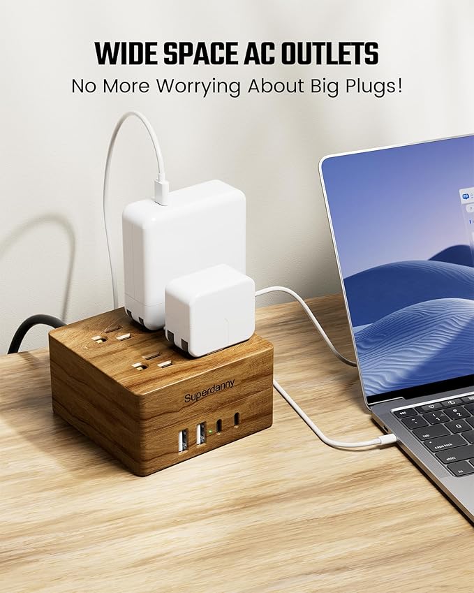 USB Power Strip Surge Protector - SUPERDANNY Desktop Extension Cord with 4 Widely Spaced Outlets & 4 Smart USB Ports, Portable Charging Station for Home, Office, Hotel, Dorm, RV, Faux Walnut Grain