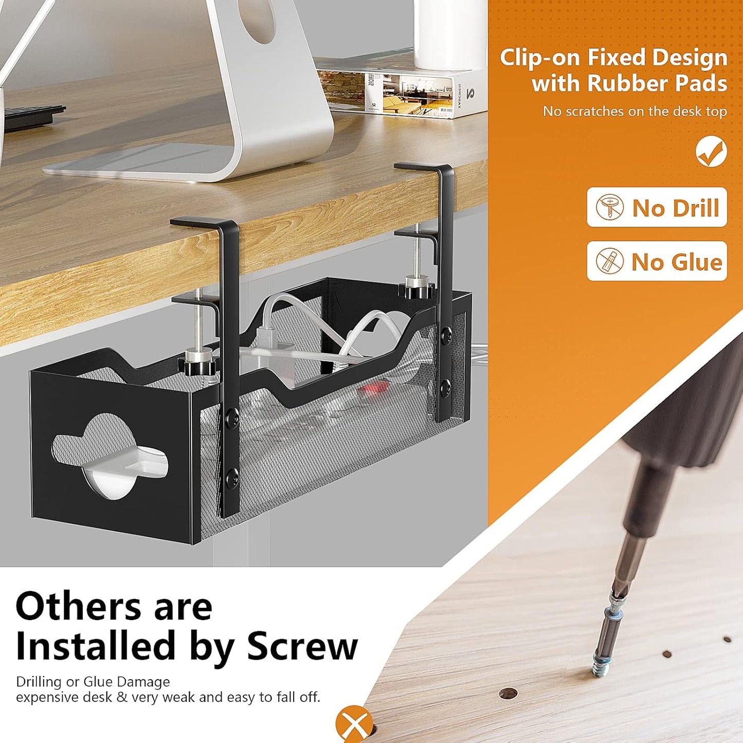 Under Desk Cable Management Tray 13.38", Quszmd Cable Organizer No Drill, Standing Cord Organizer and Wire Management Tray - No Damage to Desk, Black