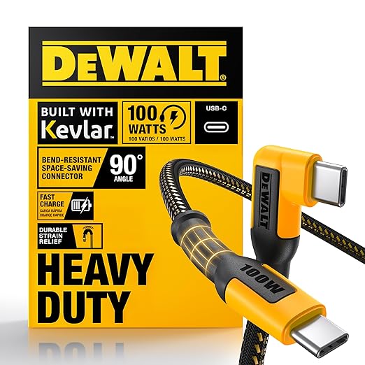 DEWALT Heavy Duty 90-Degree Angled 100W USB C Cable, Jobsite 100 Watt USB C Cable, High Speed Type-C to Type-C, PD USBC Fast Charging Cord for iPhone 16/15 Plus Pro Max, MacBook, iPad (6 Foot)