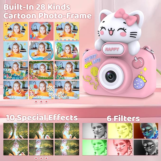 Kids Digital Camera Toys for Girls Ages 3-8, Children Video Camera with Protective Silicone Cover, Birthday Gifts for 3 4 5 6 7 8 Year Old Girls with 16GB SD Card
