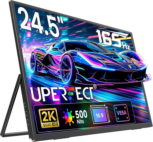 UPERFECT 24.5" 2K QHD Large Gaming Monitor, 2560×1440, 165Hz USB-C/144Hz HDMI, 1ms, FreeSync HDR IPS, Dual Speakers, VESA Stand, Mobile Second Screen for Laptop, MacBook, Switch