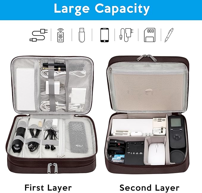 CILLA Electronic Organizer Travel Case, Travel Cord Organizer Case Portable Waterproof Cable Organizer Bag for Charger, Cord, USB, Power Bank, Earphone, 9817, Coffee