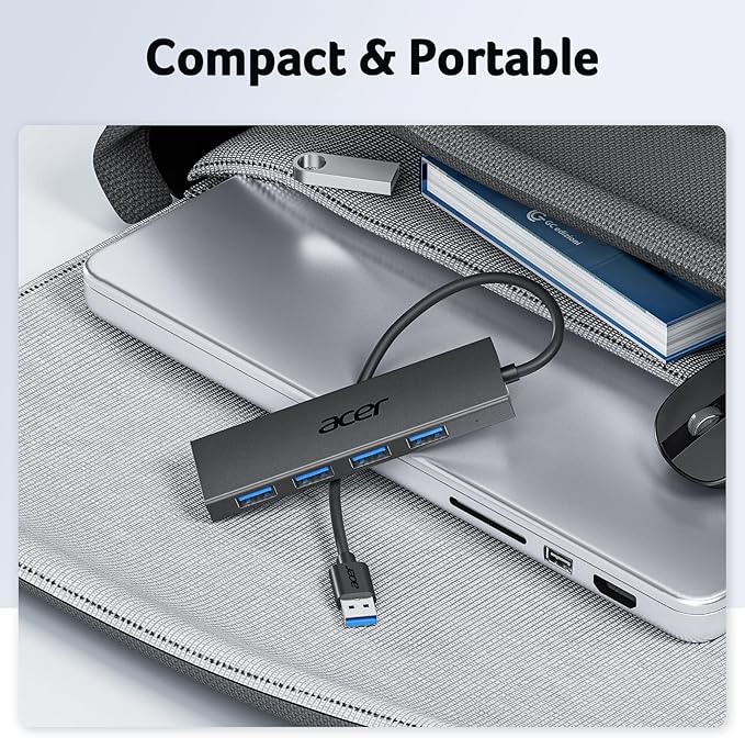 Acer USB Hub 4 Ports, Multiple USB 3.0 Hub, USBA Splitter for Laptop with Type C Power Port, Extender for A Port Laptop, PC, Desktop and More (2ft)