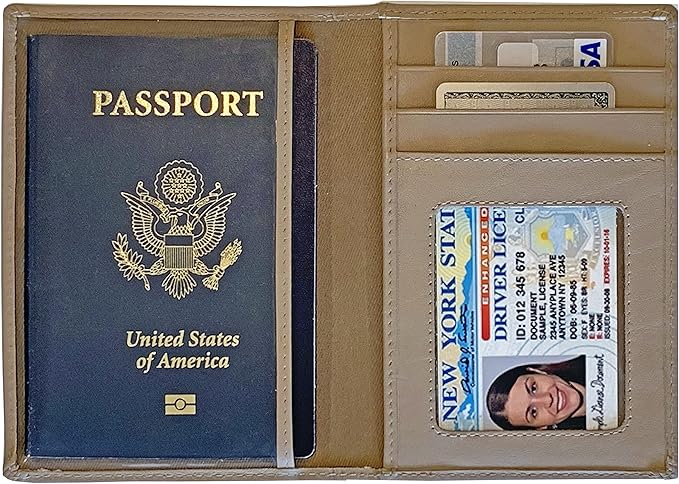 Personalized Monogrammed Taupe Leather RFID Passport Wallet and 2 Luggage Tags