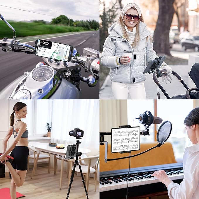 KDD Spin Bike Tablet Holder Mount, Adjustable iPad Phone Stand for Microphone Stand, 360° Rotatable Bike Handlebar Mount for Bicycle, Mic Stand, Fit for 12.9 Air Mini, Galaxy Tabs, iPhone(4.7-13”)