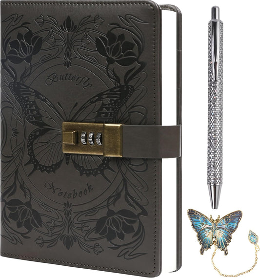 TIEFOSSI Diary with Lock for Women Girls, Lined Locked Journal, Butterfly Journal Notebook with Pen and Bookmark, A5 Refillable Locking Journals for Writing, 224 Numbered Pages