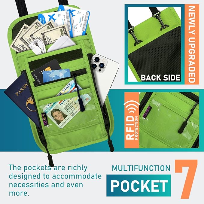 sundee Travel Neck Wallet with Double Zippers, RFID Blocking Passport Holder with Adjustable Neck Strap for Men and Women to Keep Cash, Credit Cards and Travel Documents Safe - Grass Green