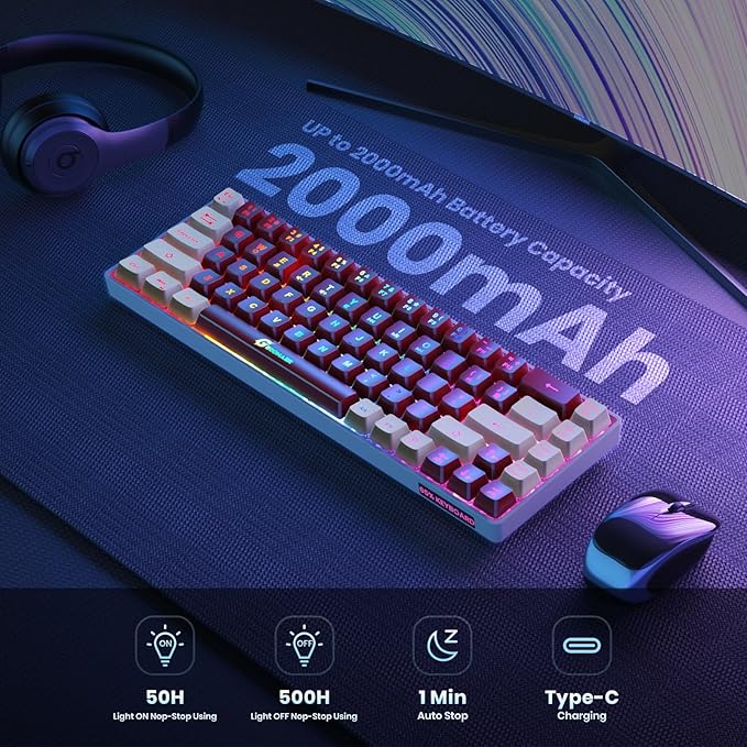 65% Wireless Gaming Keyboard, LED Backlit Gaming Keyboard, 68 Keys Ultra-Compact Anti-ghosting No-Conflict Wireless Keyboard for PC Laptop Windows Gamer(Red-White)