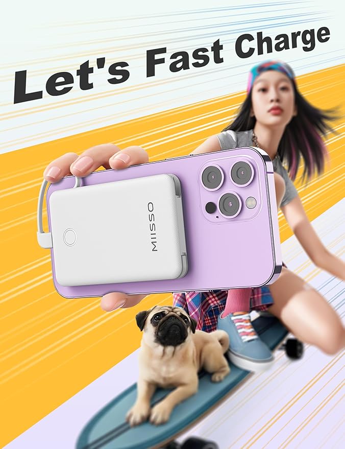 miisso 6000mah Ultra Slim Built in Cables Power Bank, Card Size Built in USB C Cords Battery Pack Portable Charger for Phones, 3 Output External Battery Pack Compatible with iPhone, Snow White