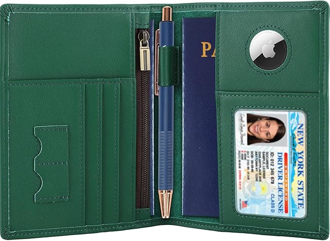 STAR VISTA Phoenix Leather Passport Holder, Calfskin Leather Travel Wallet - RFID Blocking, ID Window, Zipper Pocket, Pen & Notebook Included, AirTag Holder, Mint