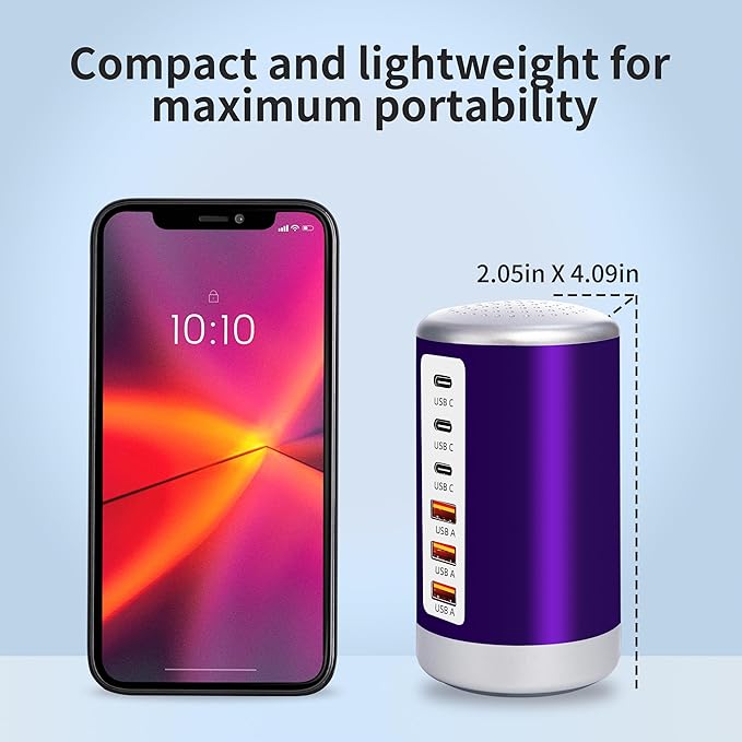 60W USB Charging Station with 6-Port (3 USB-A & 3 USB-C) for iPhone 12/13/14, Tablets & Smartphones - Purple