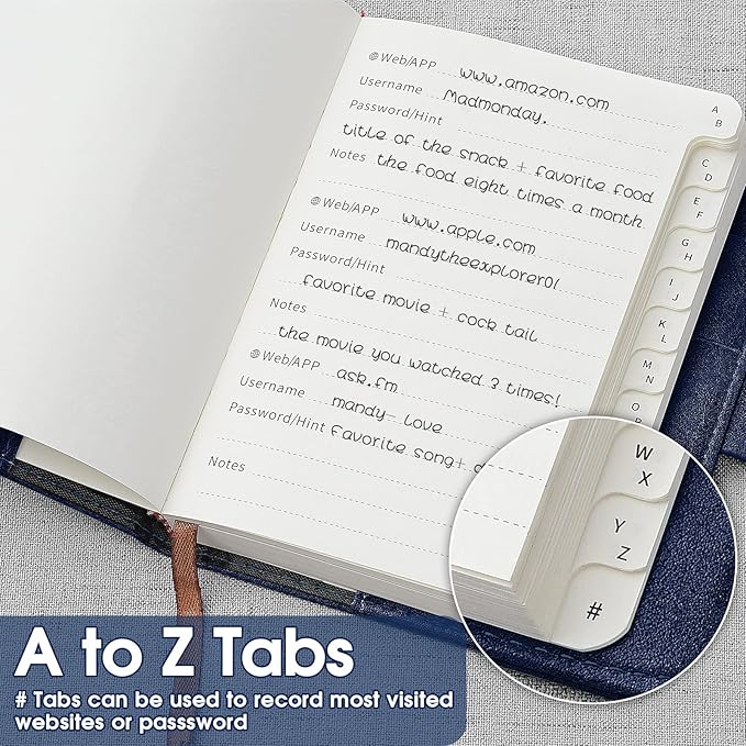 WEMATE Password Book with Lock, Password Book with Alphabetical Tabs 600+ Password Spaces, Password Logbook with Lock, Password Keeper for Computer 4.33 X 6.18 Inch Dark Blue