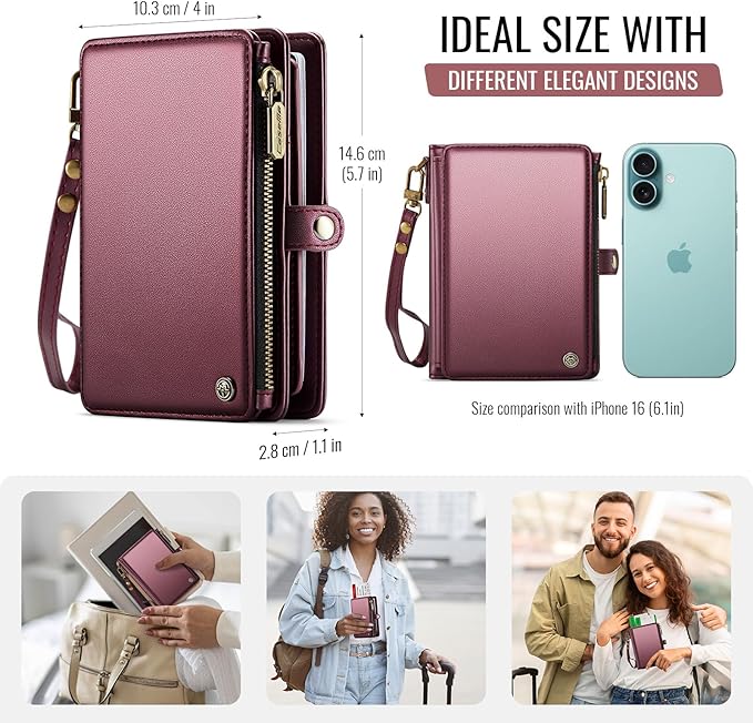 Passport Holder Wallet Bag with AirTag Holder, 11 Card Slots and Passport Solt Cash Solt Photo Solt Zipper Pocket, RFID Blocking Wristlet Strap.Wine