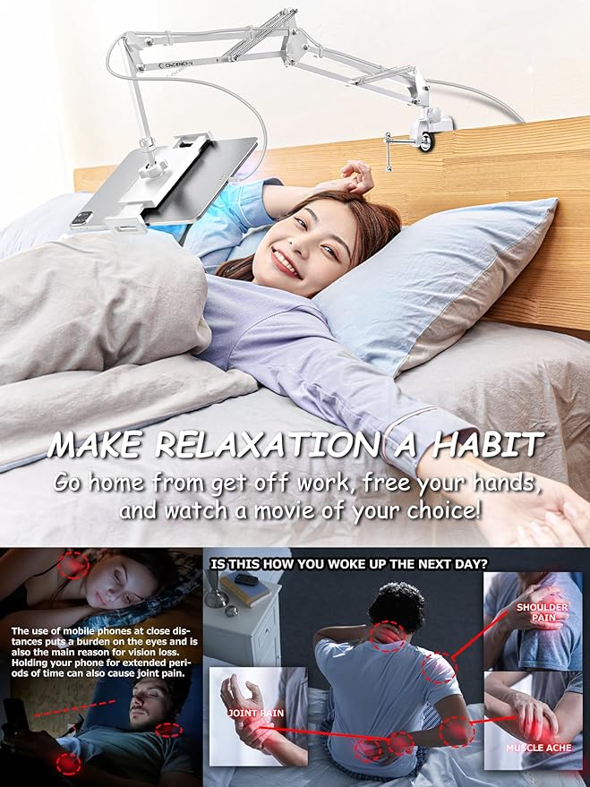 Foldable Tablet Stand, Tablet Mount Adjustable for Bed,Universal Flexible Tablet Holder with 360 Degree Rotation for iPad/iPhoneX/iPad Pro/N-Switch,or Other 4.5~13.5 Inches Devices (White)