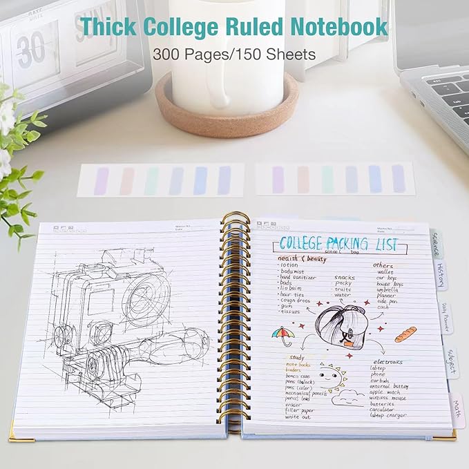 Spiral Notebook, College Ruled Notebook, A5, 300 Page Leather Journals for Writing, 5.7" x 8.5", Hardcover Journaling Notebooks for Work School, 24pcs Tab, Large Embossed Journal for Women Men, Green2