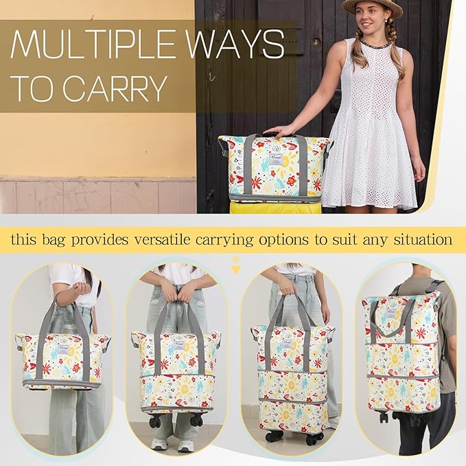 VOOWO Rolling Duffel Bag with Wheels - Foldable Expandable Duffle Bag with Wheels for Travel, Rolling Luggage Bag Carry On Bag with Wheel, Large Rolling Backpack Weekend Bag for Men Women (Flower)