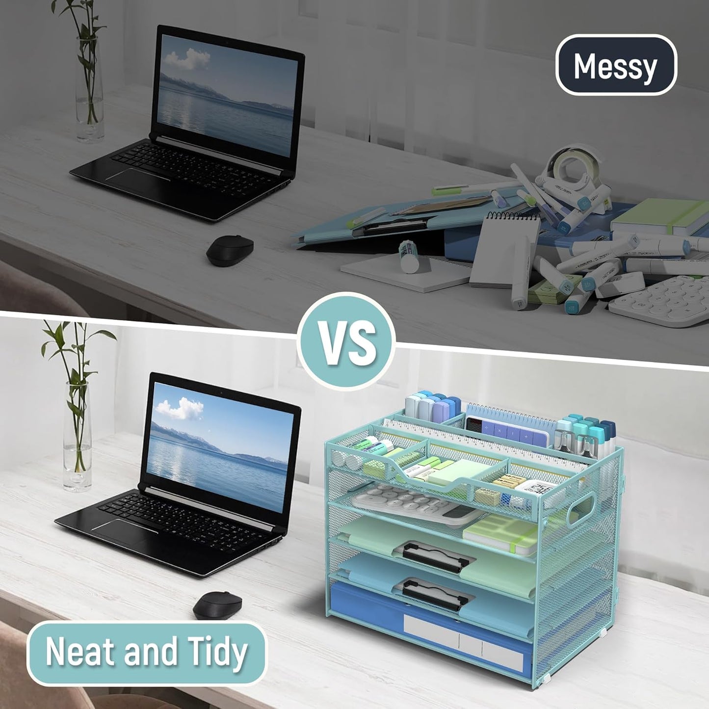 Docnest 5 Tier Mesh Desk Organizer- Letter Tray with Adjustable Compartments, Mesh Desktop Storage Built in Pen Holder and Handles, Desk Organizer Tray for Mail Documents Office Supplies-Blue