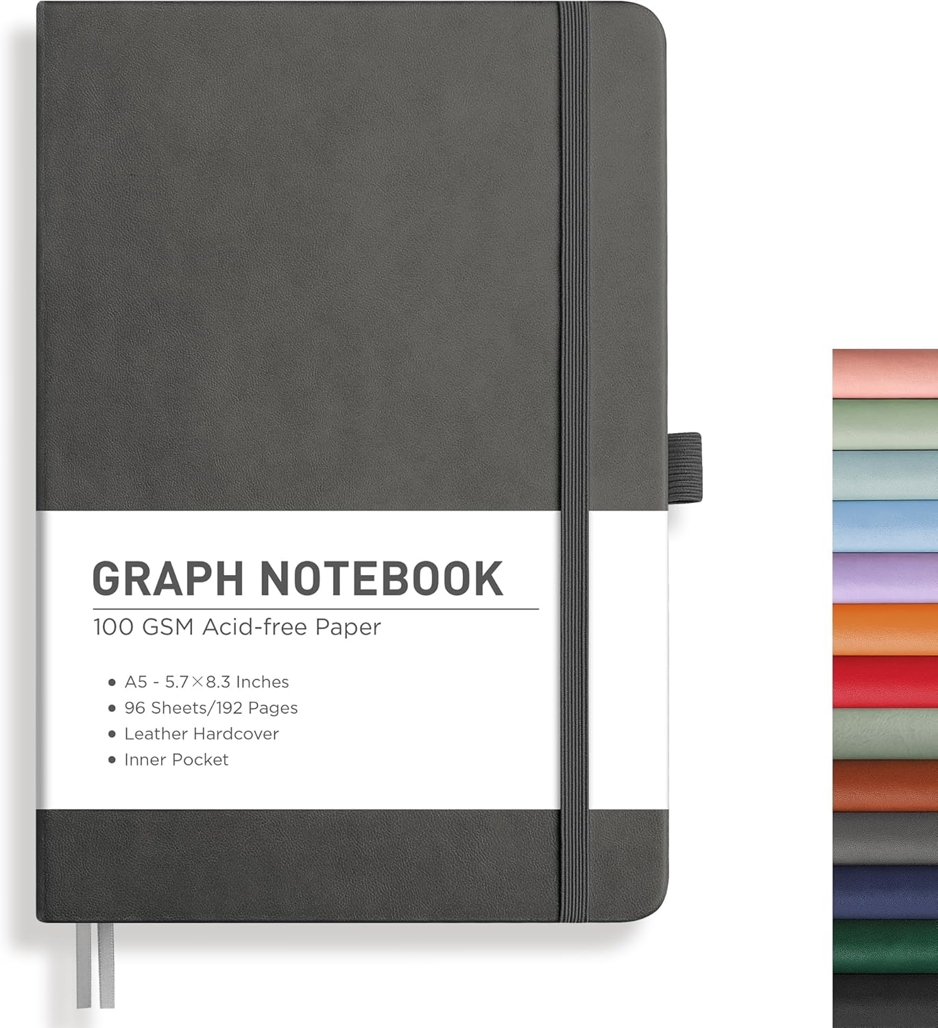 RETTACY Graph Grid Paper Notebook, 192 Pages, A5 Medium Size (5.7'' x 8.3''), 5 Squares per Inch, Leather Hardcover, 100 GSM Thick Paper, for School, Students, Math, Engineering (Gray)