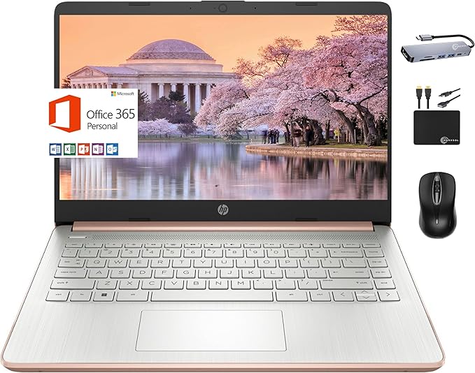 HP 2024 Premium 14" Micro-Edge Portable Laptop Student Business, Intel Quad-Core N4120, 4GB RAM, 192GB (128GB eMMC+ 64GB Card), WiFi, Windows 11S + 1 Year Office 365, MarxsolAccessory Rose Gold