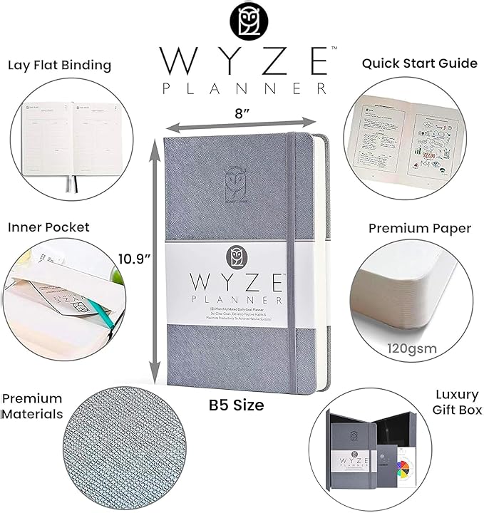 Undated Daily Planner – 1-Year B5 Productivity Organizer with Two-Page Weekly Spread, Goal Setting, Habit Tracker, Weekly & Monthly Pages – Hardcover Time Management Notebook (Gray)