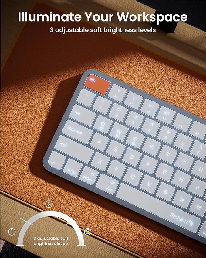 ProtoArc Backlit Compact Wireless Keyboard for Mac, K90-A Bluetooth Keyboard, Multi-Device, Low Profile, Fluid Quiet Typing, Rechargeable, Compatible with MacBook Pro/Air, iPad - White Silver