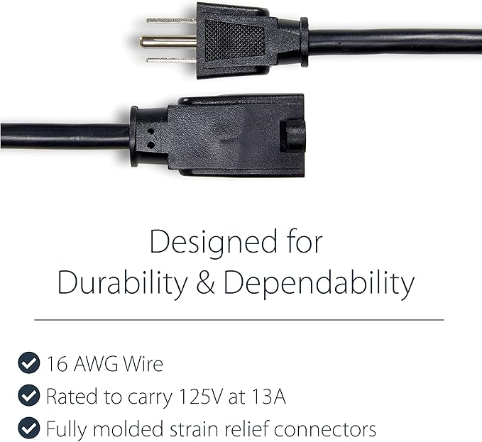 StarTech.com 6ft (2m) Power Extension Cord, NEMA 5-15R to NEMA 5-15P Black Extension Cord, 13A 125V, 16AWG, Outlet Extension Power Cable, AC Power Cord - UL Listed (PAC1016)