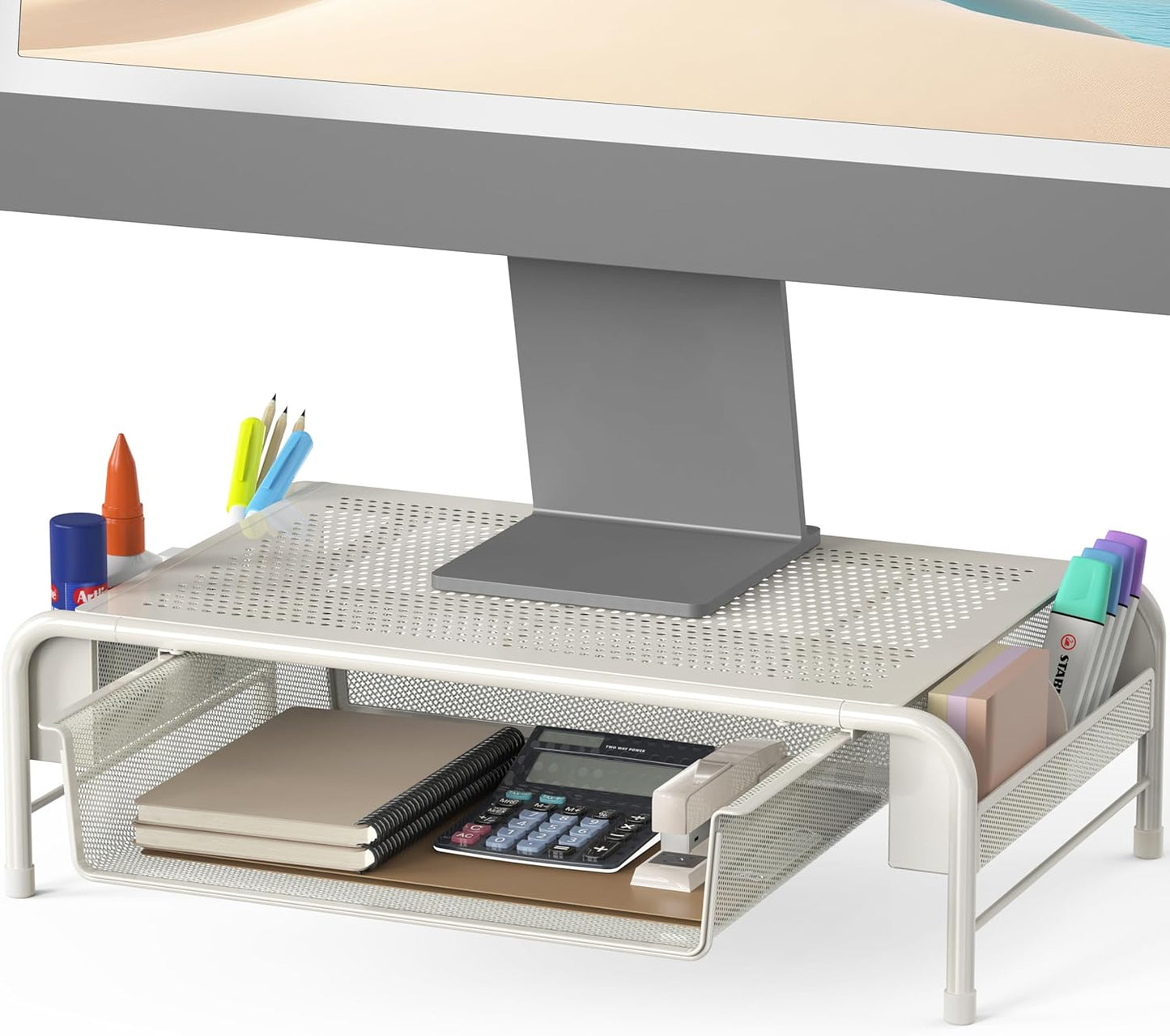 Simple Houseware Metal Desk Monitor Stand Riser with Organizer Drawer, White