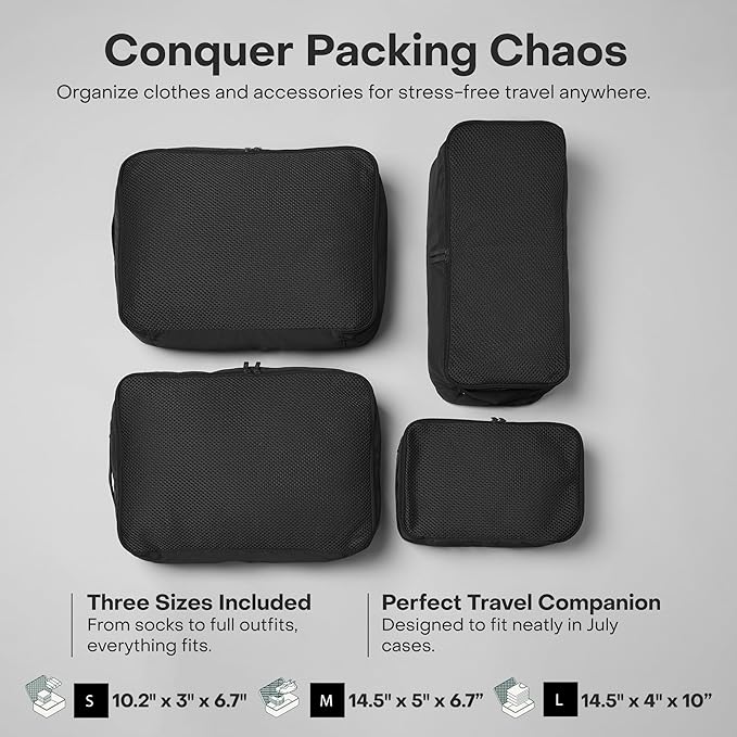Packing Cells - 4 Set Packing Cubes Luggage Organizer Bags (S, M, 2 x L), Must-Have Suitcase Organizer for Travel, Road Trip & Camping Accessories, Stain-proof, Washable, 3 Sizes - Charcoal