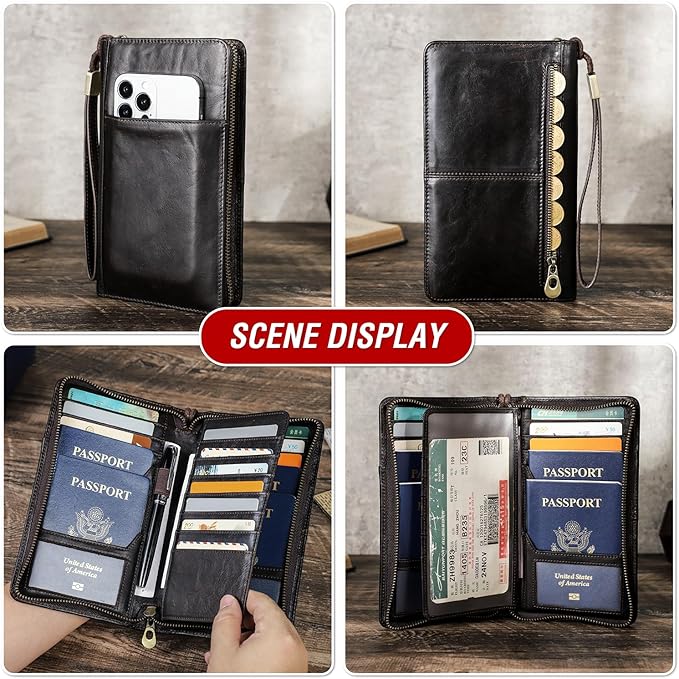 Top Grain Leather Travel Passport Wallet Holder for Man & Woman, Handmade with Three-Layer for 4 Passports & Multi Cards, RFID Blocking Large Capacity for Cards/Passports/Tickets, Coffee