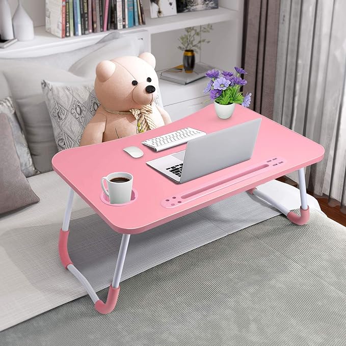 Slendor Lap Desk with Cup Holder, Foldable Laptop Table for Bed, Portable Bed Desk for Laptop and Writing, Computer Tray with Tablet Slot, Notebook Stand Reading Holder for Couch Sofa Floor,Pink