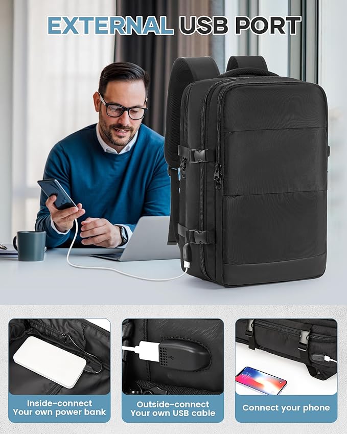 Vacuum Travel Backpack with Pump for Women, Personal Item Carry on Backpacks Flight Approved 18x14x8 inches for Men,Laptop Waterproof Work Compression bags Casual Daypack,Black.