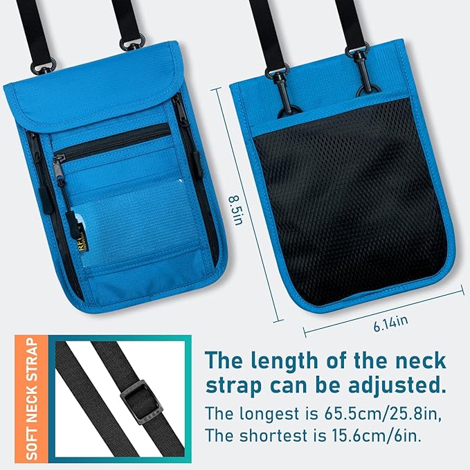 sundee Travel Neck Wallet with Double Zippers, RFID Blocking Passport Holder with Adjustable Neck Strap for Men and Women to Keep Cash, Credit Cards and Travel Documents Safe - Lake Blue