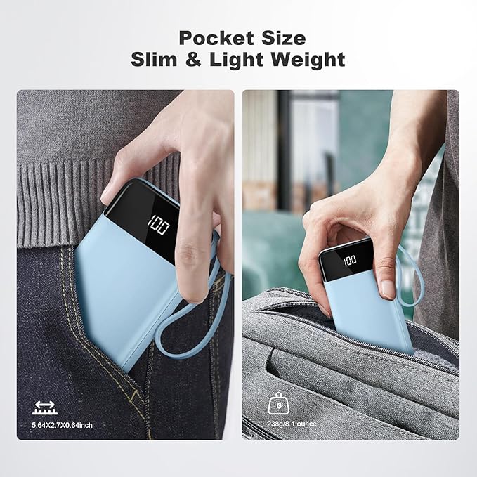 Power Bank 10000mAh Portable Charger with 4 Built-in Cables, Type-C in & Out Phone Charger, External Battery Charger Pack & Travel Essential for iPhone 16/15/14, Samsung, iPad, Android