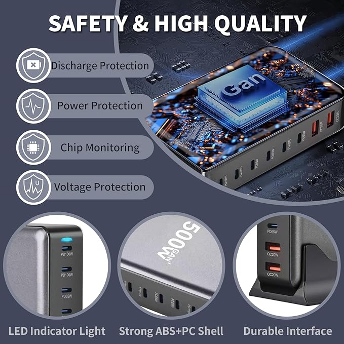 500W USB C Fast Charging Station Hub, 8 Port Multi USB C Charger Block GAN III Fast Charging Brick Charger for Multiple Devices 100W PD3.0 PPS Compatible with MacBook Pro/Air/iPad iPhone 16/15/14/13