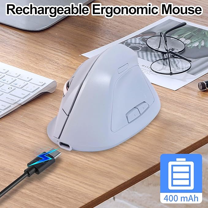 Wireless Bluetooth Mouse Vertical Ergonomic Dual Mode Rechargeable Silent Portable High Precision Optical Cordless Mice with USB Receiver for PC/Laptop/Tablet/MacBook Boy Girl,Reduce Wrist Pain(Blue