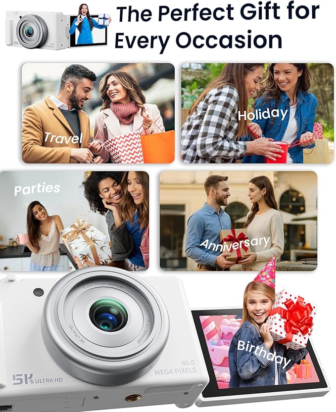 True 5K Digital Camera for Photography, Autofocus 80MP with 18X Digital Zoom 3" 270°Flip Screen Dual-Lens Selfie Camera for YouTube Vlogging & Content Creation, 2 Batteries, 32GB Card & Flash，White