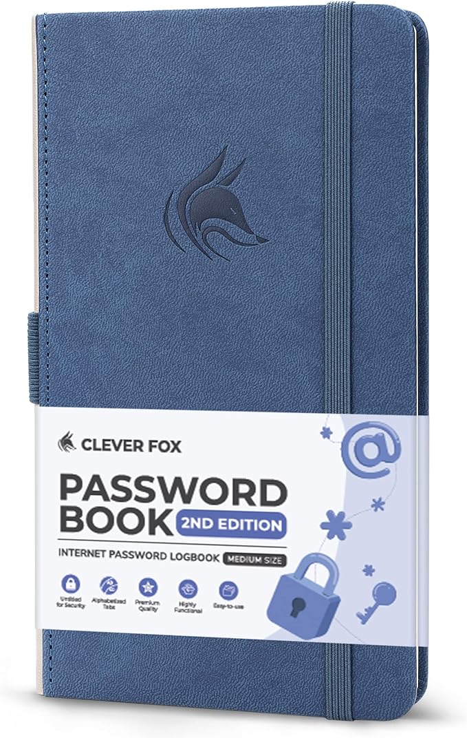Clever Fox Password Book 2nd Edition – Hardcover Password Keeper with Alphabetical Tabs – Internet Address Notebook & Login Details Organizer Journal – 4.1x7.6” (Smoke Blue)