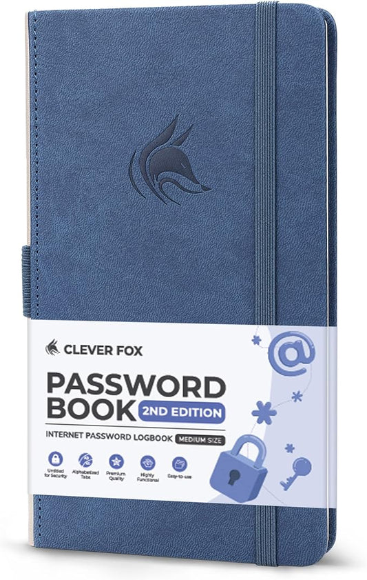 Clever Fox Password Book 2nd Edition – Hardcover Password Keeper with Alphabetical Tabs – Internet Address Notebook & Login Details Organizer Journal – 4.1x7.6” (Smoke Blue)