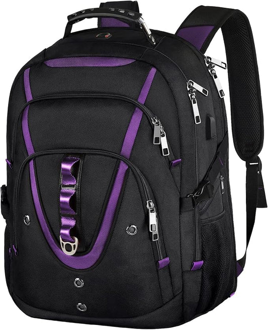 18.4 inch Travel Backpack Men Women, 55-60L Extra Large Laptop Backpack RFID Anti Theft TSA Friendly Flight Approved Backpacks, Water Resistant College School Heavy Duty With USB Charging Port, Purple